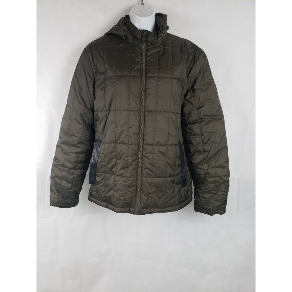 Cole Haan Womens Puffer Jacket Brown Green Hooded Full Zip Parka Medium‎ RN54163